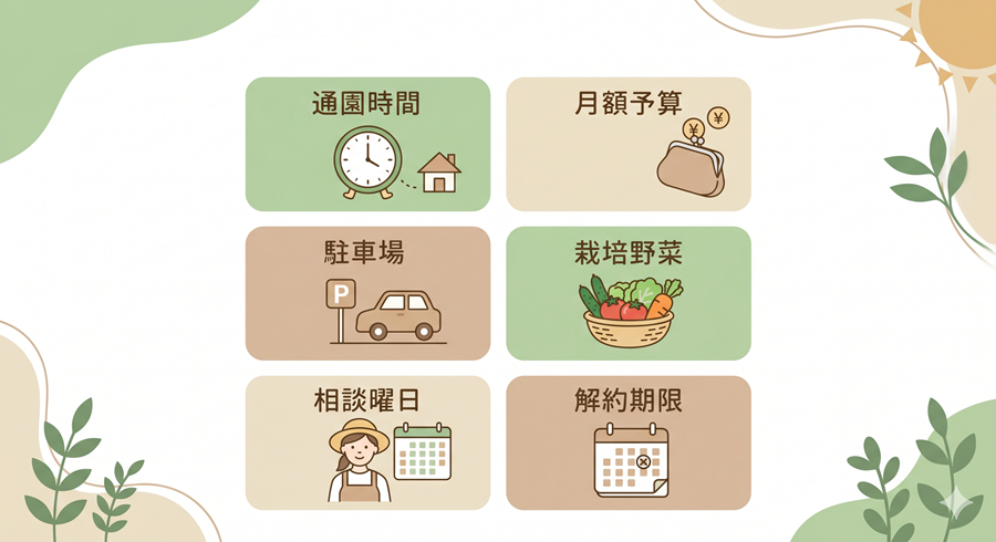 シェア畑の無料見学前チェックリスト。通園時間、月額予算、駐車場、栽培野菜、解約期限を確認