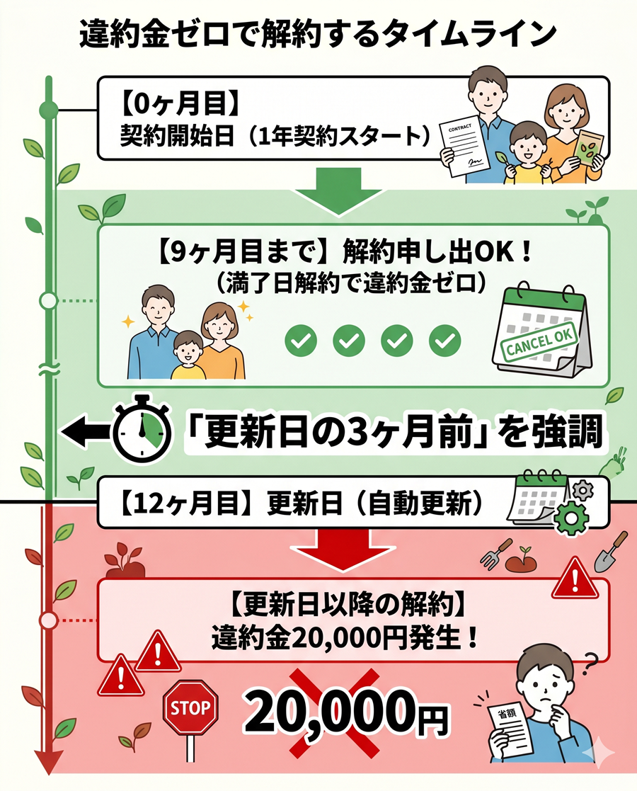 シェア畑を違約金ゼロで解約するタイムライン図。更新日の3ヶ月前までに申し出が必要なルールを解説